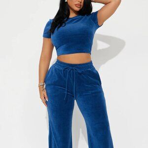 Velour Baby Tee Wide Leg Pants Set - Navy Size XL